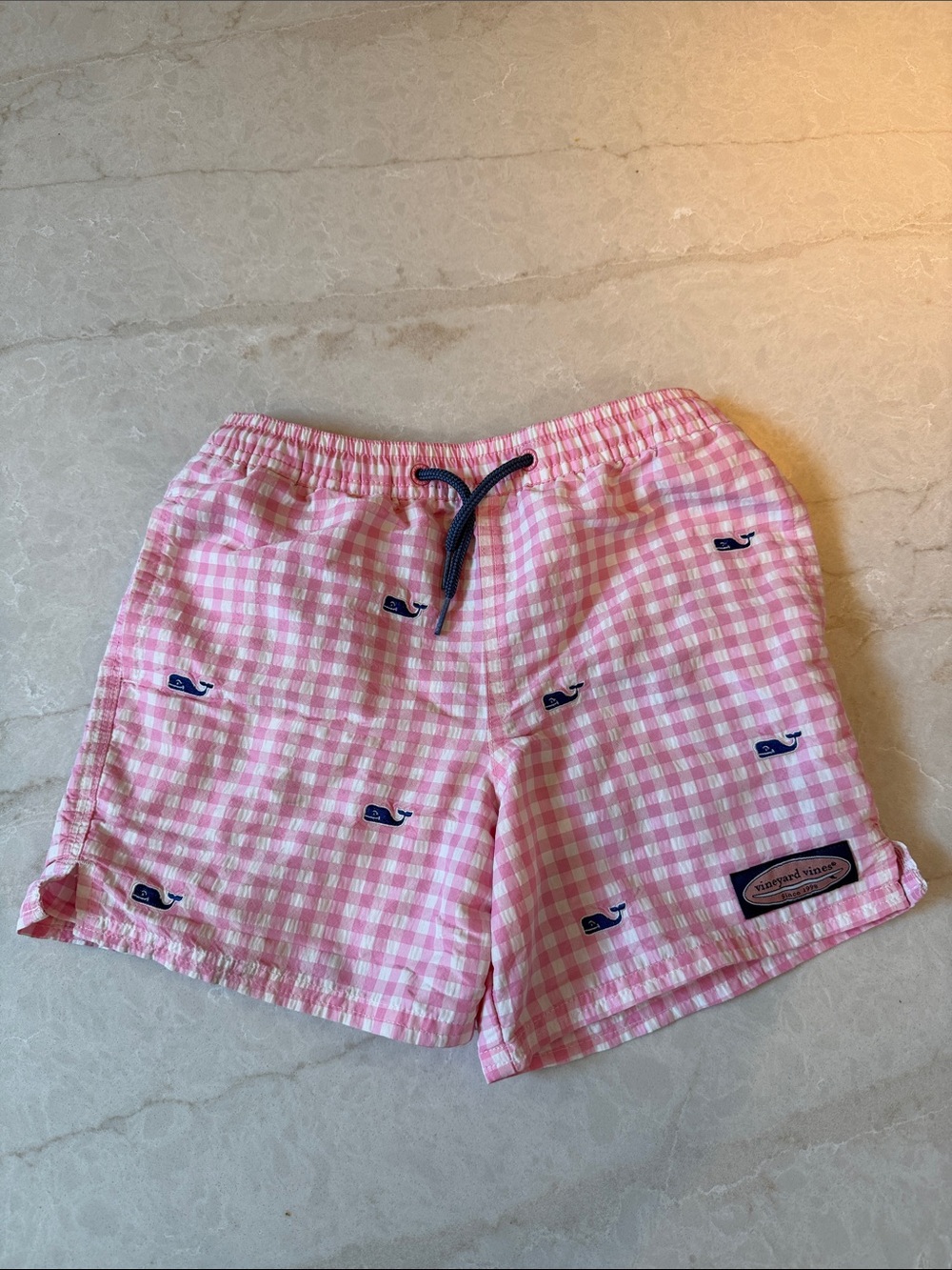 Vineyard Vines Pink Gingham Swim Shorts with Navy Whale Embroidery
